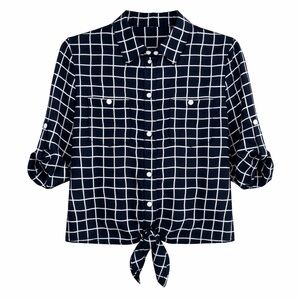 Ellen Tracy Blk & White Grid Tie Front Blouse Small Button Down Roll Tab Sleeve